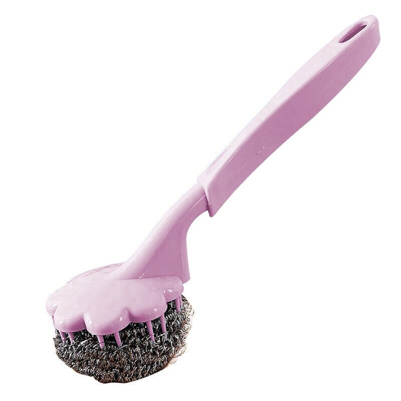Long Handle Kitchen cleaning and lengthening handle brush pan handle stainless steel wire ball Kitchen cleaning utensils: pink