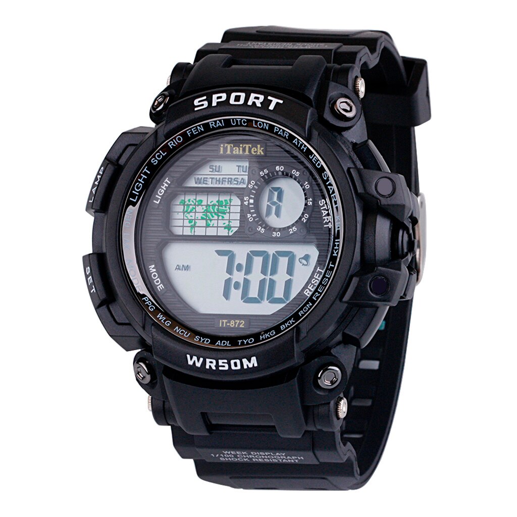 Multifunctionele Heren Horloge Waterdicht Jongen Lcd Digitale Horloge Stopwatch Sport Horloge Erkek Kol Saati Relogio Masculino: Black