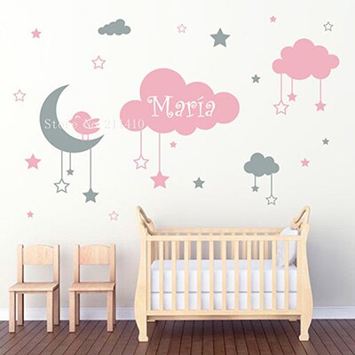To farver børn dejlige væg klistermærke hængende skyer stjerner og en måne med en lille fugl indretning baby børnehave aftagelige mærkater  yt820: Farve 2 / 67 x 51cm