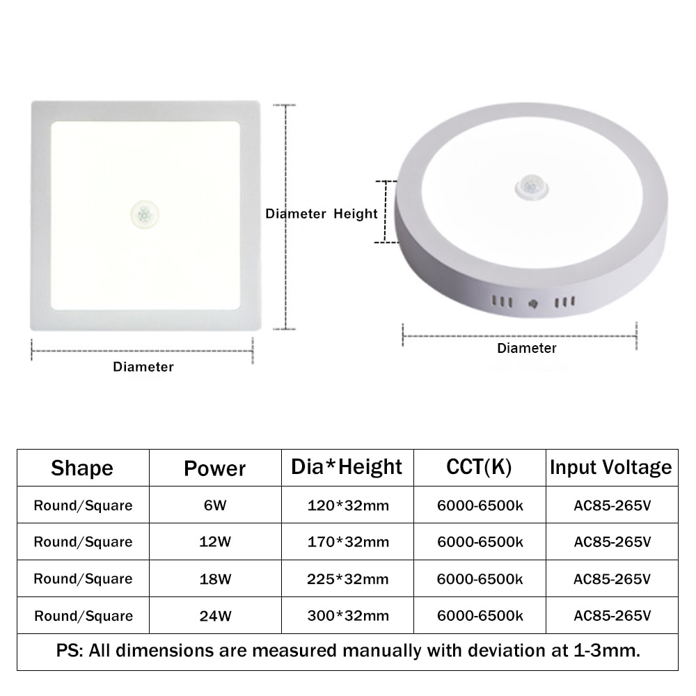 [DBF]Human Motion Sensor Surface Mounted LED Ceiling Light No Cutout 6W 12W 18W 24W Round/Square Ceiling Lamp for Indoor Decor