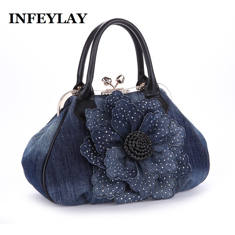 Brand 3D denim roses flowers shoulder bag embossed Beautiful Women Casual handbag girl messenger bags dress Vintage Bag