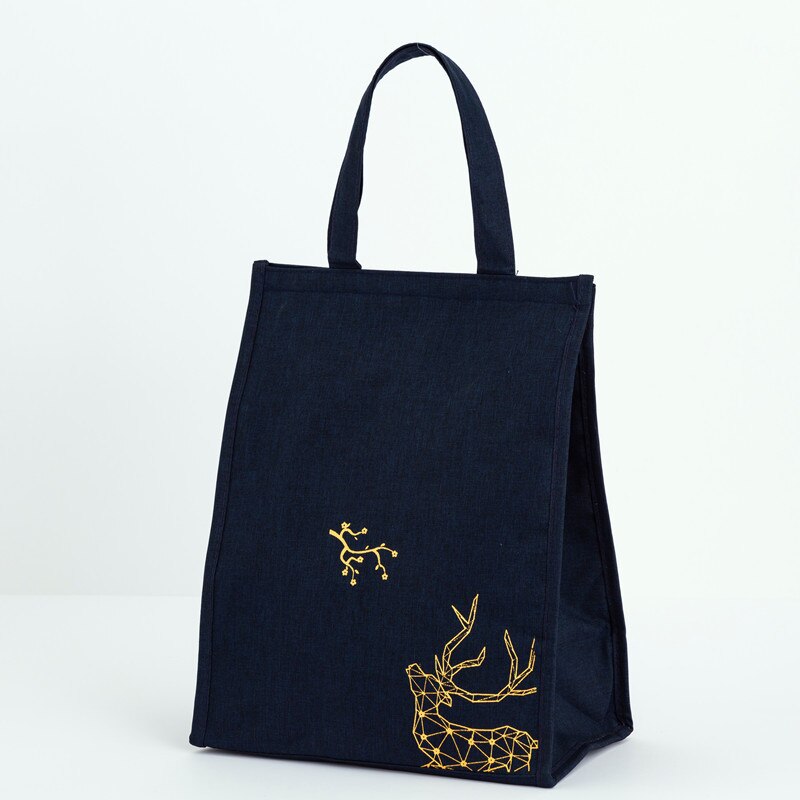 Chinese Red Fuku Deer Tote Waterproof Oxford Cooler Bags Portable Zipper Thermal Lunch Bags For Women Lunch Box Tote Food Bags: Navy Blue L