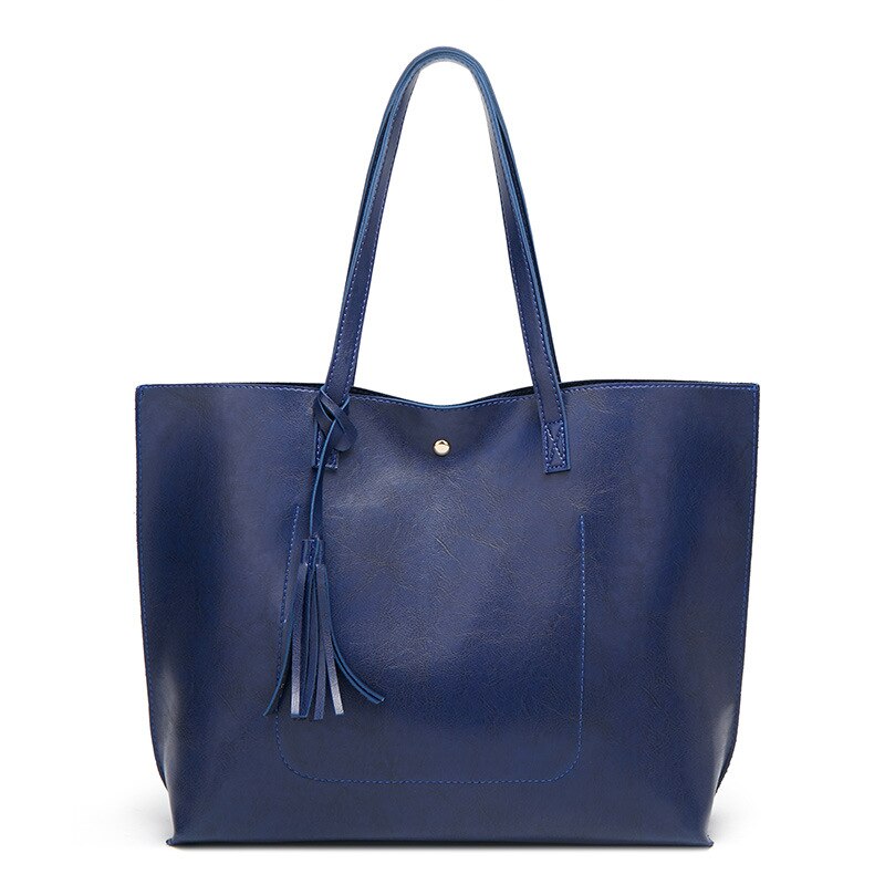 Bolsa feminina bolsas de couro de cera de óleo bolsa de ombro feminina de grande capacidade: Azul