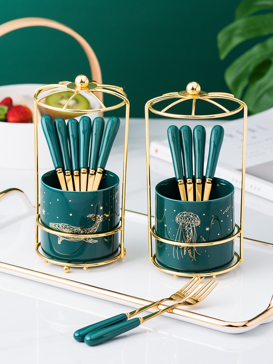 Nordic Ceramic Stainless Steel Fruit Fork Storage Tube Dessert Fork Cake Fork Fruit Fork Storage Pot Living Room Fruit Fork Set
