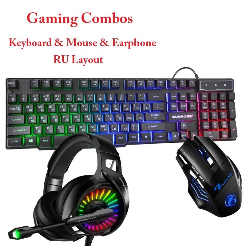 Rysk/engelsk layout trådbundna spelset tangentbord möss hörlurar 104 knappsatser rgb belysning tangentbord 2400 dpi mus för pc laptop