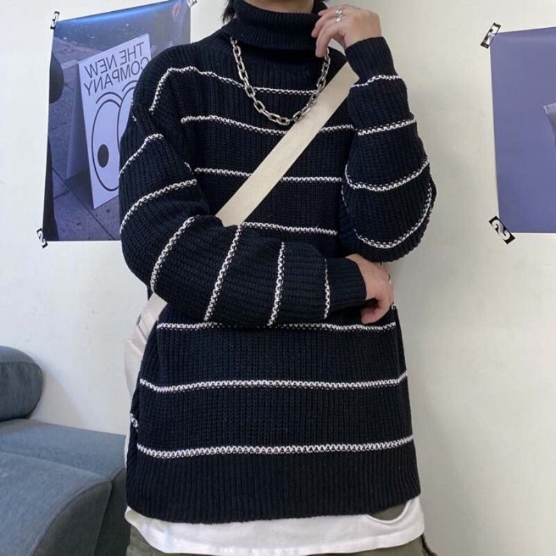 Vinterstribet turtleneck sweater mænds varm afslappet strikket pullover mænd løse strik trøjer herre koreansk tøj