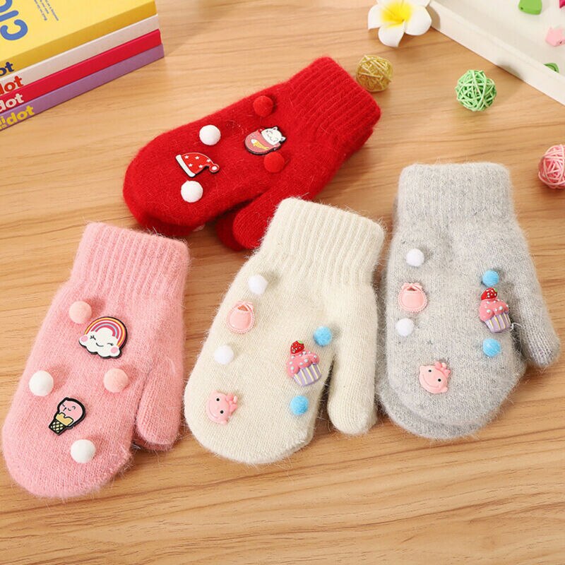 Children's Gloves Kids Boys Girls Winter Warm Cute Baby Knit Soft Gloves Kids Cartoon Candy Color Star Mitten Size 6-12Y