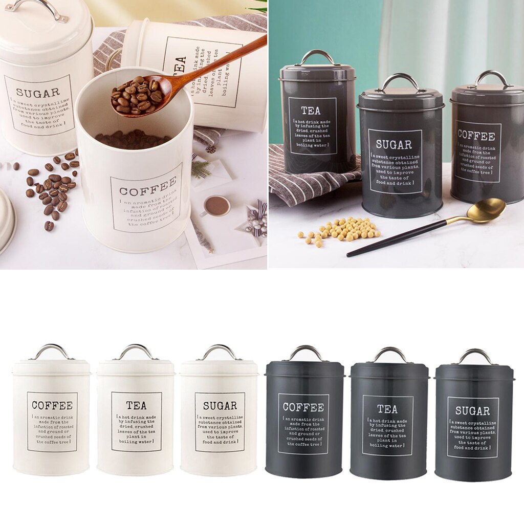 3x jern krydderi krukkebeholder med låg - kaffe te sukker holder, perfekt til dit hjem, køkken, bord