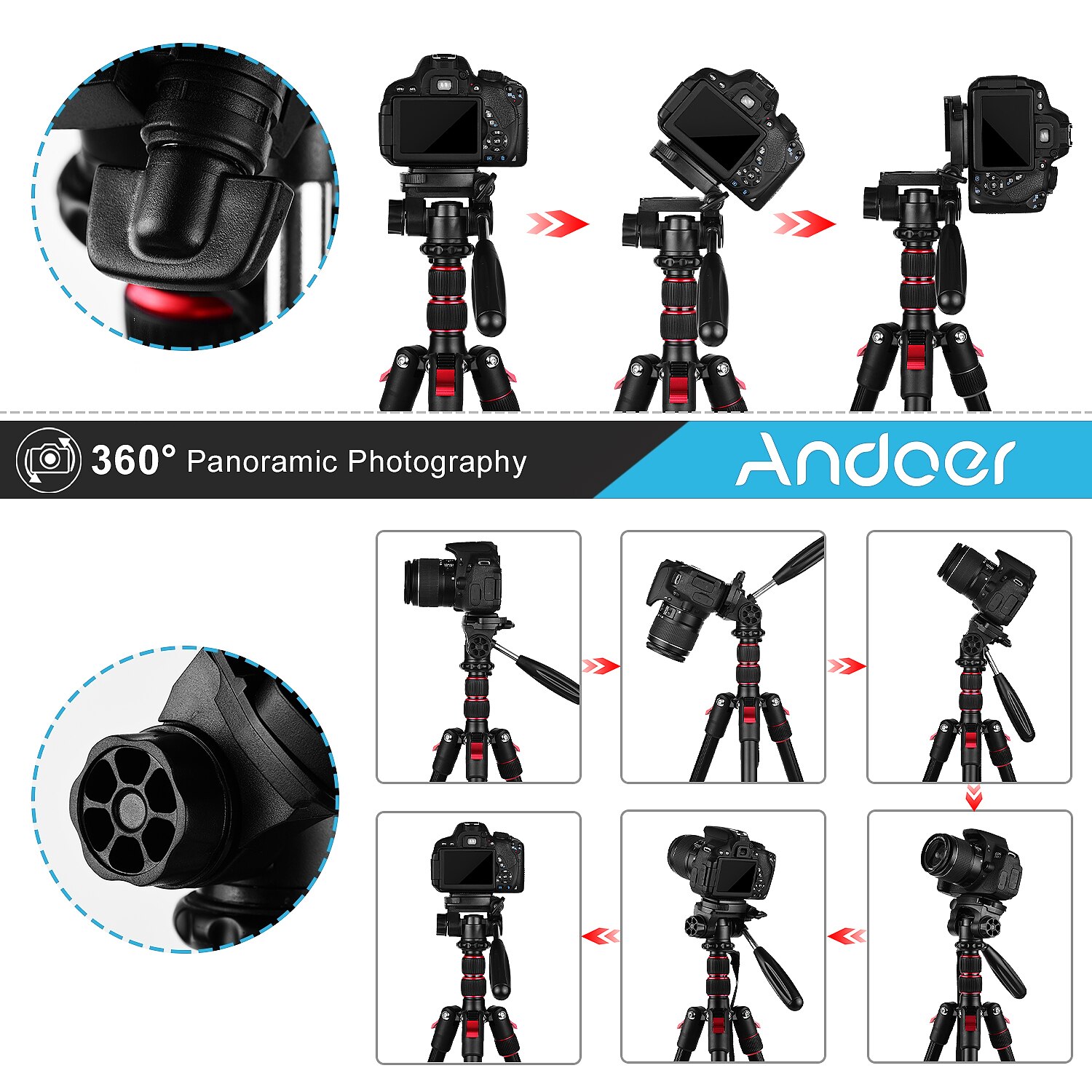 Andoer – trépied monopode 2 en 1, trépied de photographie en alliage d'aluminium, tête sphérique rotative de 200cm, charge de 5kg pour appareils photo DSLR