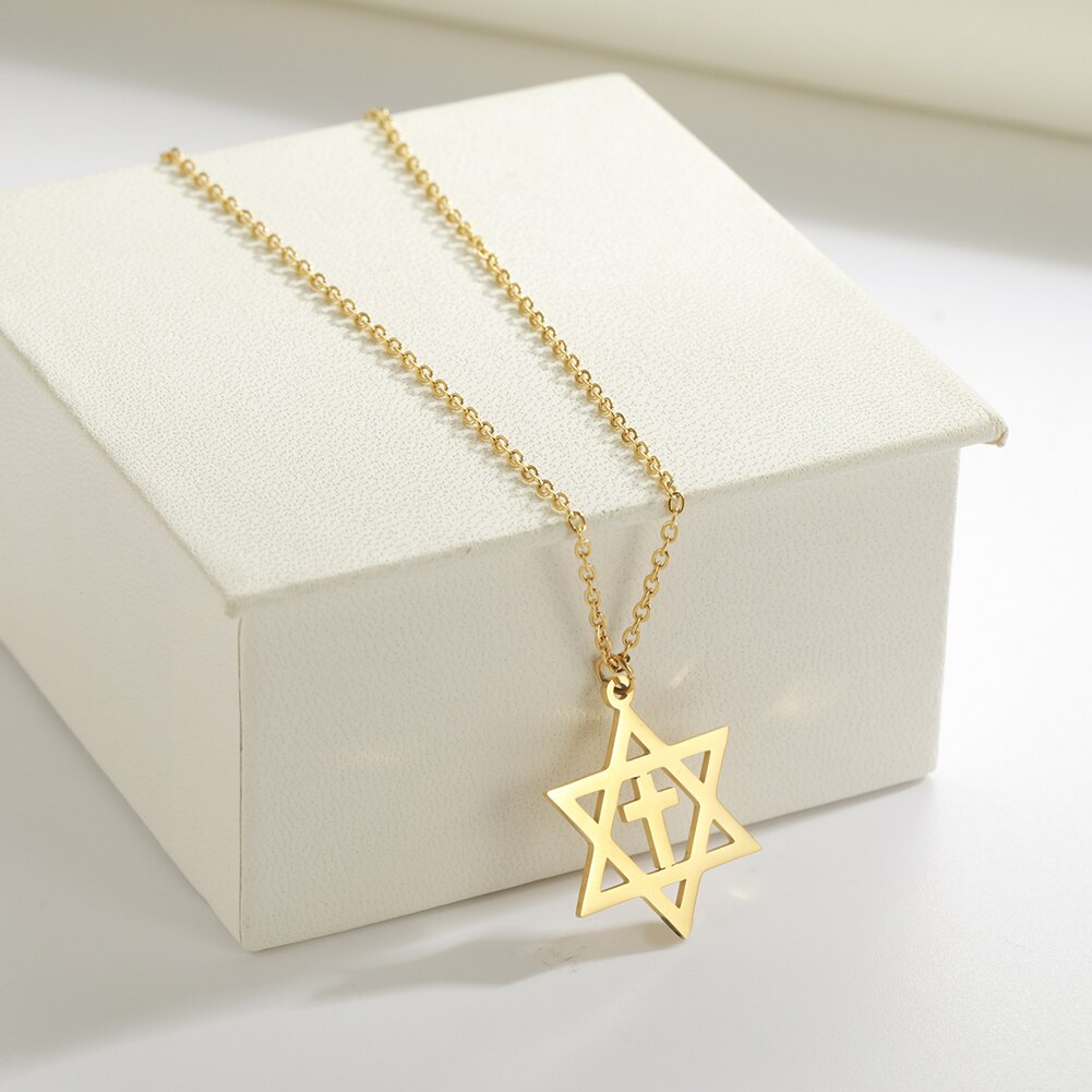 Män kvinnor trendiga magen david star hänge halsband israel judisk rostfritt stål kedja star of david cross charm choker smycken: 1 korshalsband i guld