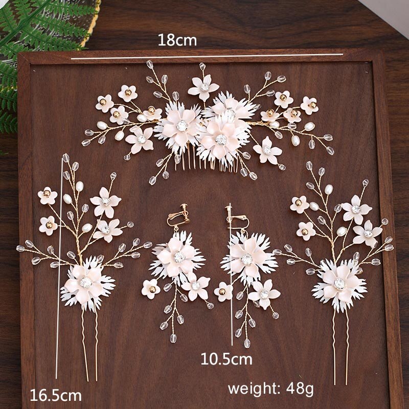 Korean Handmade Flower Crystal Pearls Hairpins Hair Combs Earrings Jewelry Sets for Women Girls Bride Wedding Party