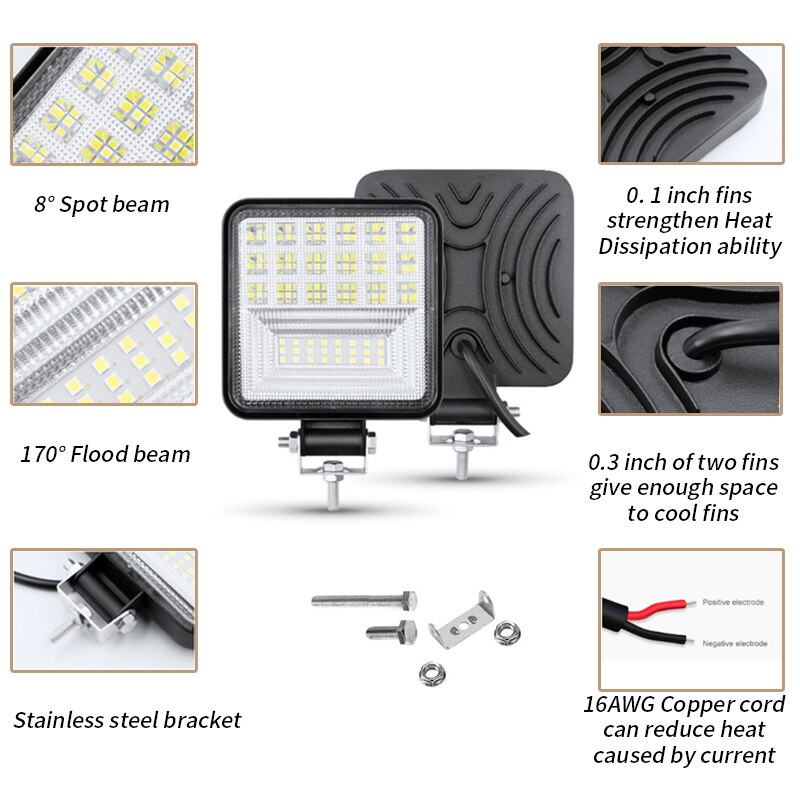 Mini bil led arbejdslys 126w firkantede led terrængående køretøj lastbil lygter spotlight led lys bar 6000k hvidt lys
