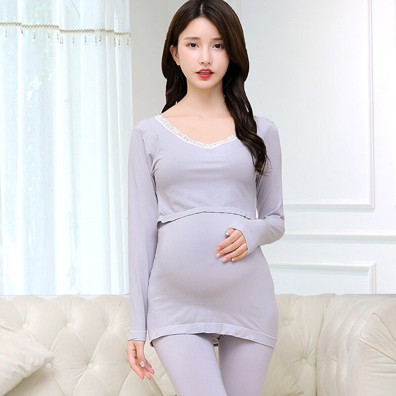 Nueva ropa de dormir de invierno, conjunto Prenatal posparto, ropa interior cálida de otoño para mujeres embarazadas, engrosamiento de sueño de lactancia: Gris