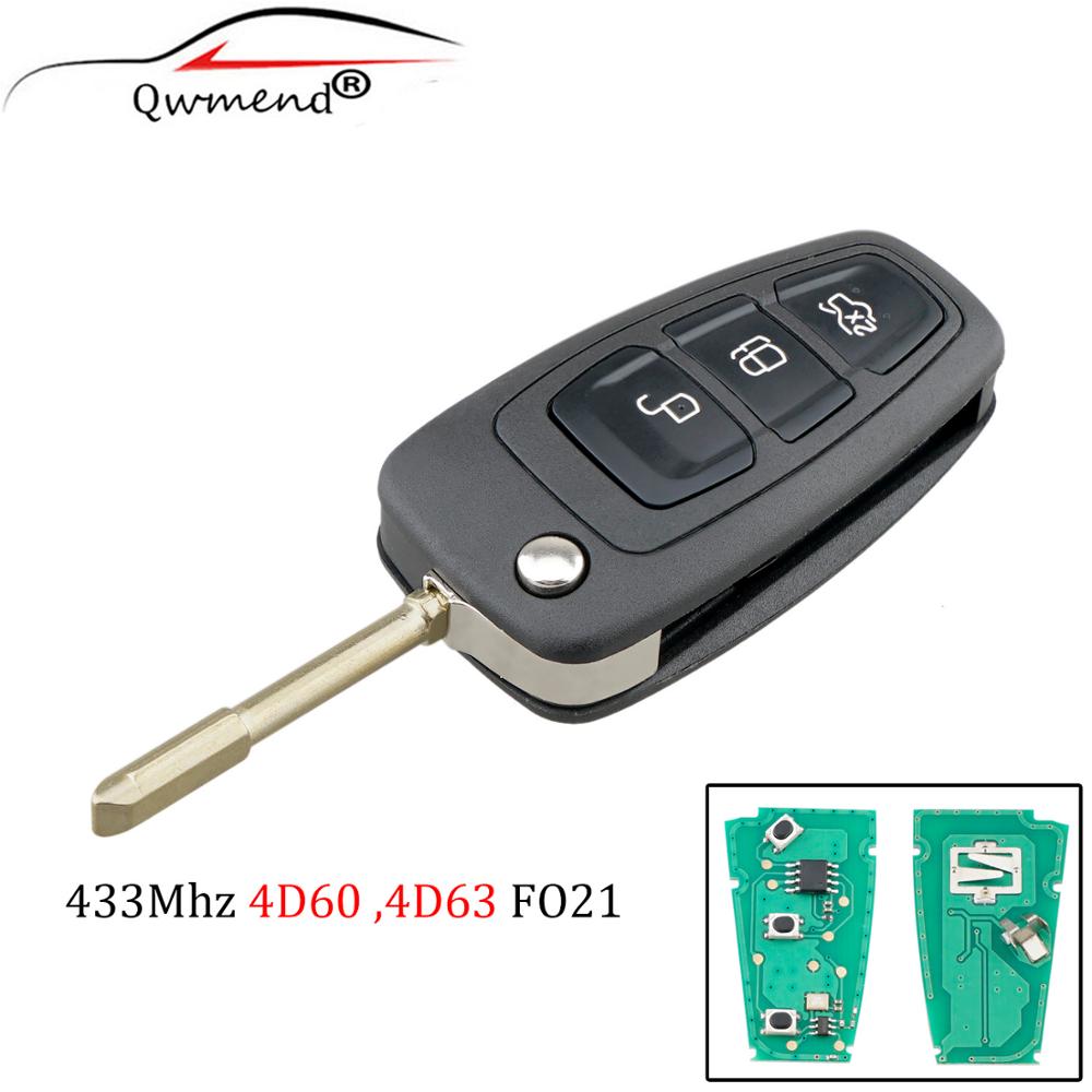 QWMEND 3 Buttons 433Mhz Flip Remote Key Fob Chip 4D60 ID63 For Ford Focus Mk1 Mondeo Transit Connect FO21 Blade
