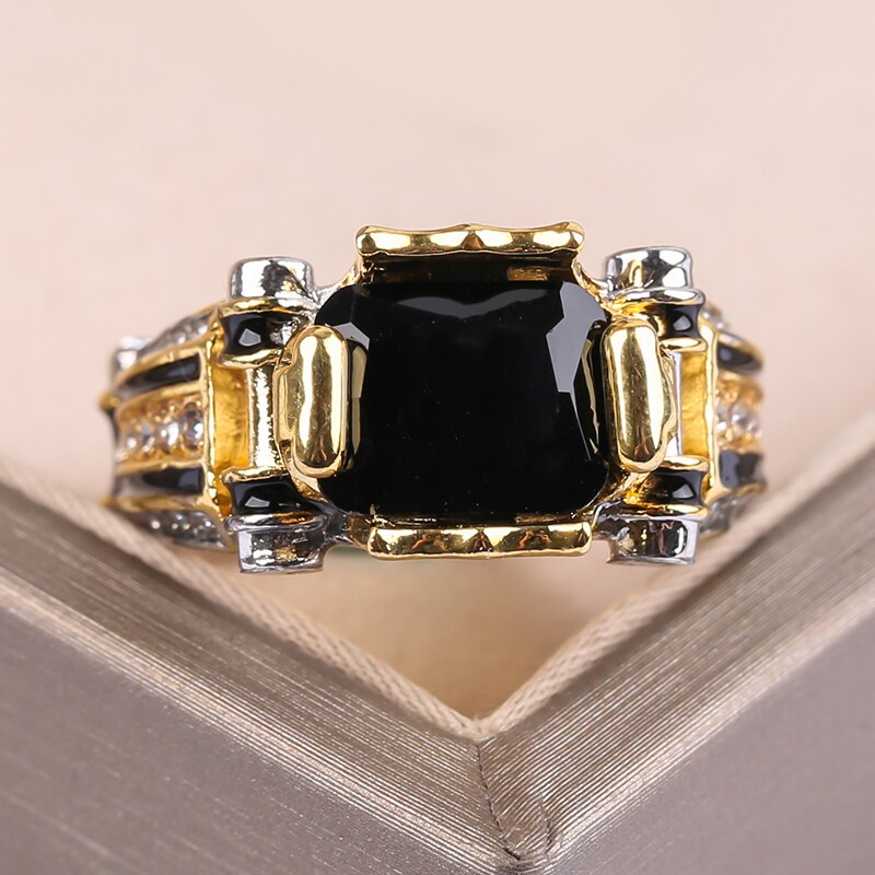 Luxury Classic Gold with Black Stone Men&#39;s Ring Steampunk Vintage Engement Lovly Wedding Male Trendy Jewelry F3T377