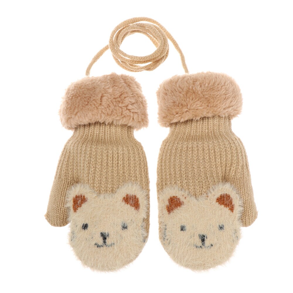 Guantes elásticos de punto gruesos y cálidos para niños de 2 a 7 años, con bonitos dibujos animados, para invierno: khaki
