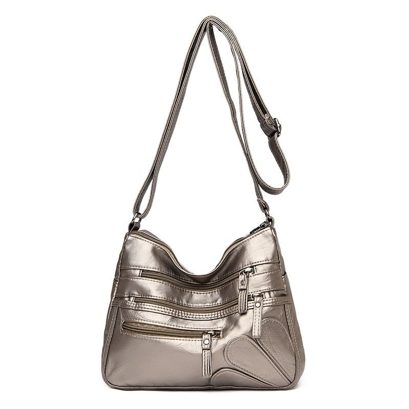 cuir souple sac à main double fermeture éclair sac à bandoulière simple sac de messager tendance multi-poche sac femmes sac marron: Champagne gold