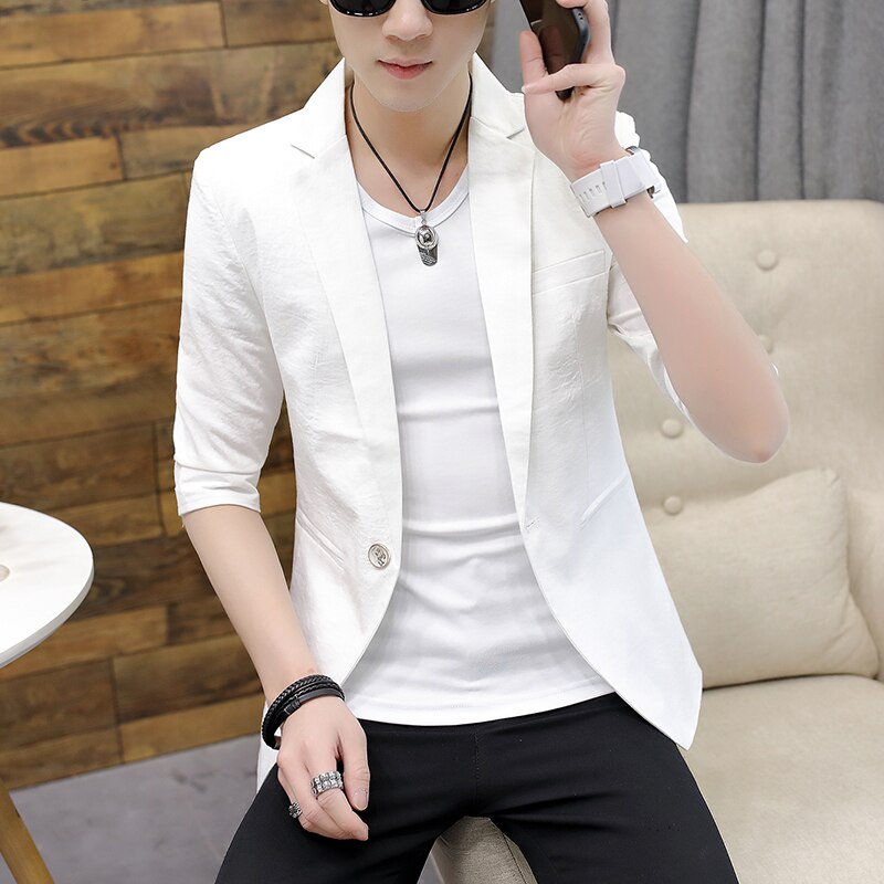 Hør herre blazer jakke sommer halværmet solid jakkesæt jakke casual business slim hvid blazer herre frakke ropa de hombre