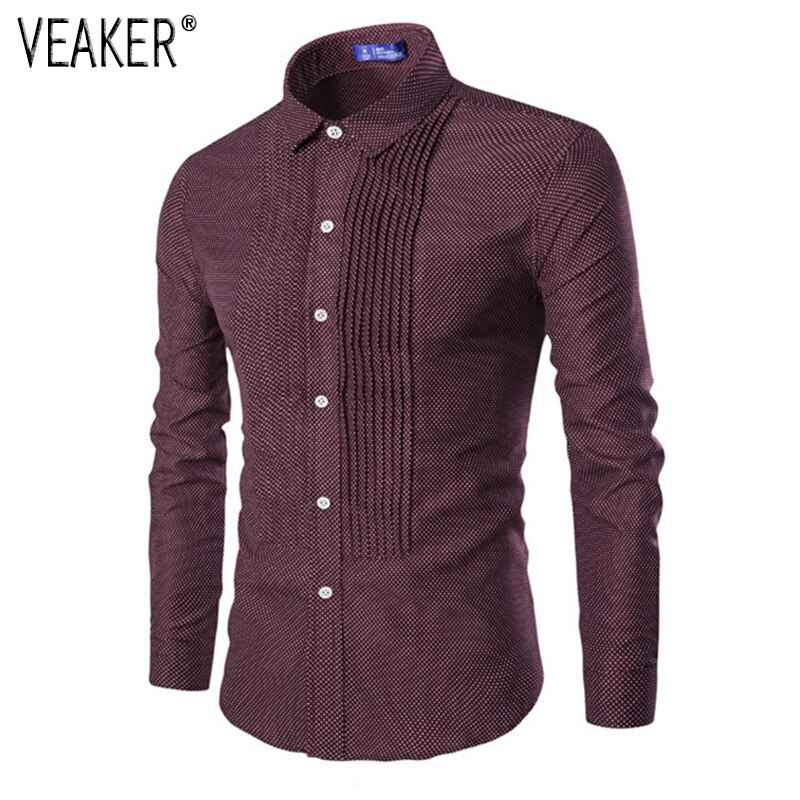 Höst, plisserade prickiga skjortor för män, långärmade, slim fit, affärsfestskjortor för män, pricktryckt skjorta m -2xl