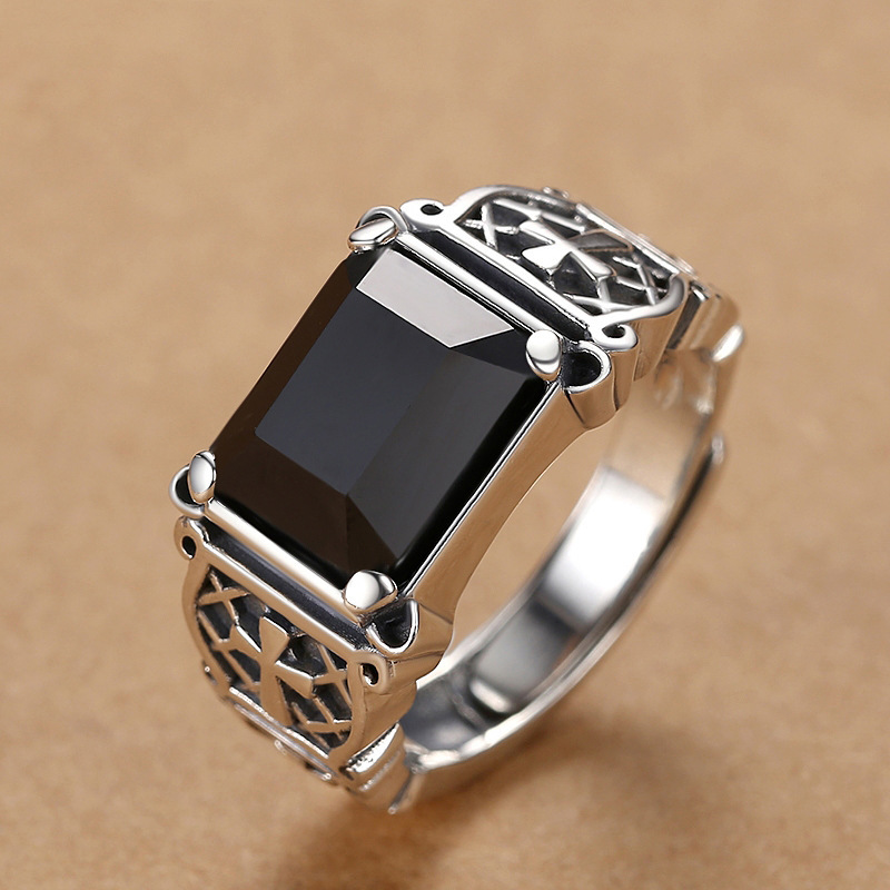 HX – bague croisée couleur argent pour hommes, personnalité dominante, tendance Hip Hop, anneau unique, bijoux en pierre noire,