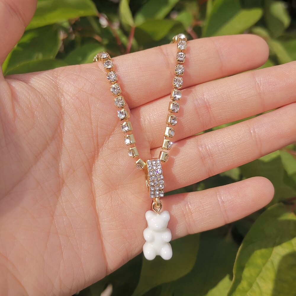 Verloren Dame Leuke Candy Kleur Beer Hanger Kettingen Strass Ketting Voor Meisjes Vrouwen Sieraden: White