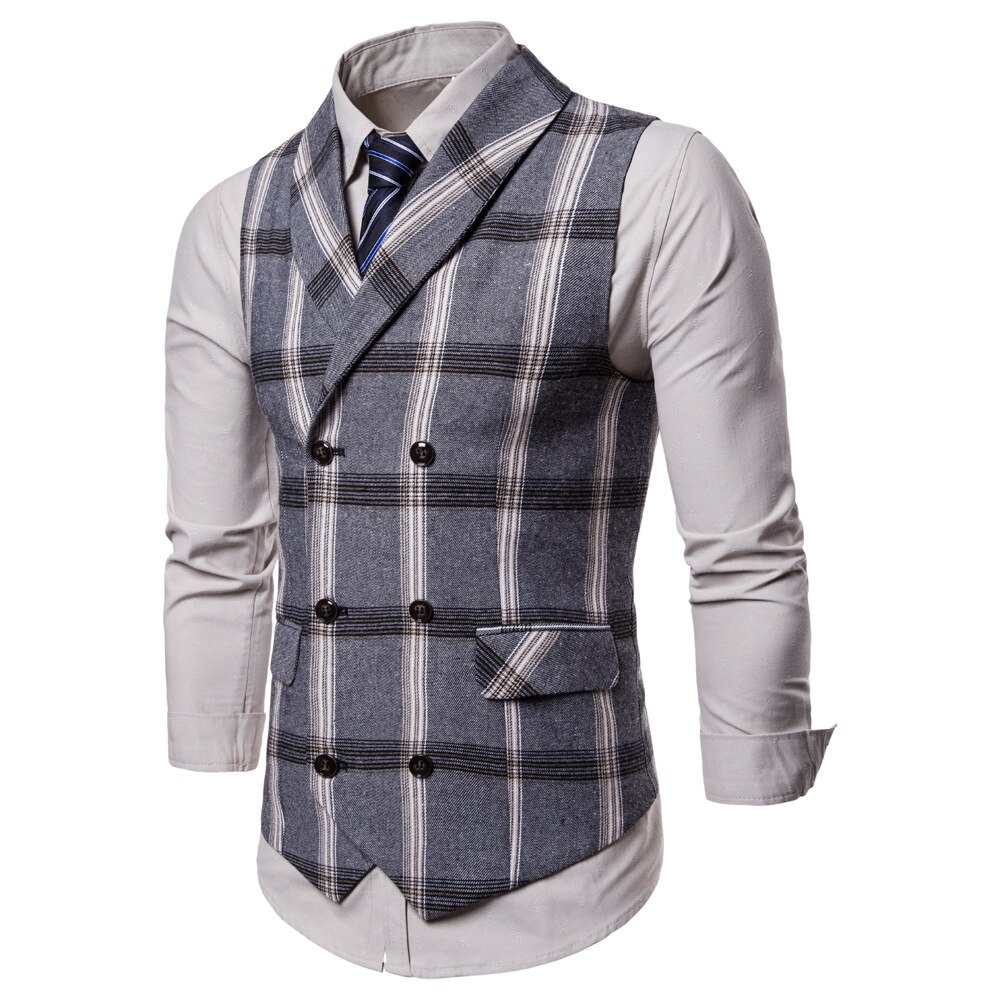 Klassisk rutete dressvest herre slim fit dobbelspent vest vest herre business bryllup smoking vest gilet homme: Grå / L