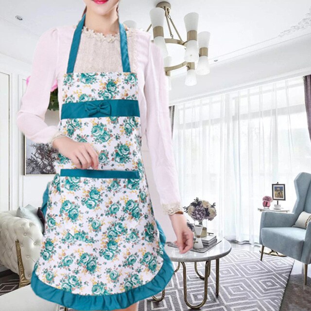 Delantal de cocina con estampado de flores y lazo para mujer, Baberos para adultos, cocina, hogar, tienda de café, limpieza, delantales, accesorios de cocina: Verde