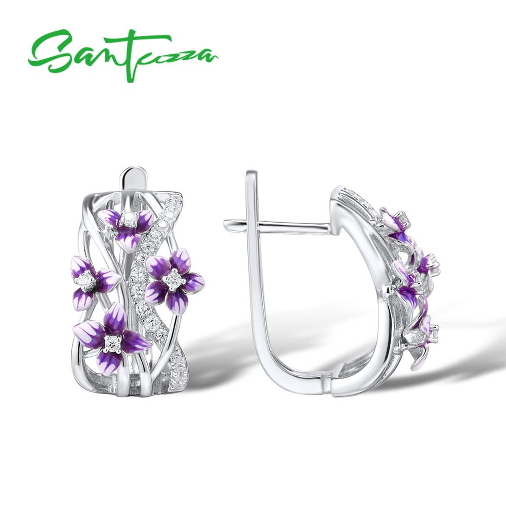 SANTUZZA Orecchini In Argento Per Le Donne Genuine 925 Sterling Silver Delicato Charming Viola Fiore Gioielleria Raffinata Fatti A Mano Smalto