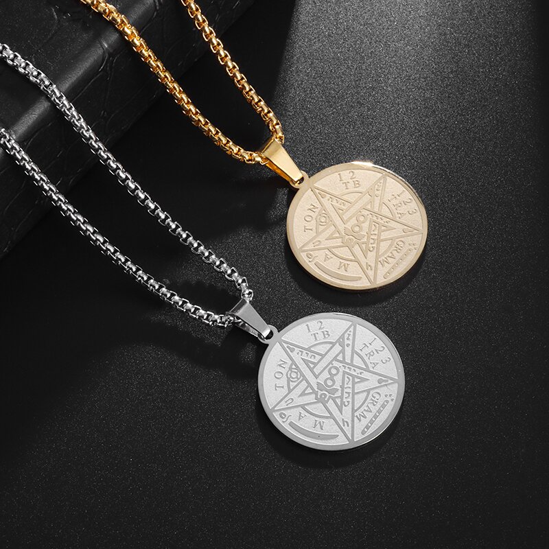 Collar con colgante de pentagrama de brujería misteriosa de acero inoxidable, amuleto de pentagrama con sello de salmón, joyería
