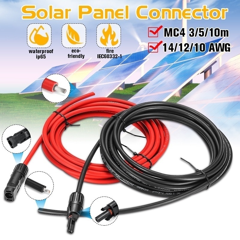 1 Pair Black+Red Solar Panel Extension Cable Wire PV Connector 10/12/14 AWG Copper Wire PV Cable