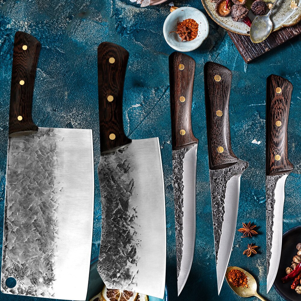 Traditional Forged Kitchen Knife Set Handmade Hammer Stainless Steel Chef's Chopper Cooking Knives Meat Slicer Butcher Knife