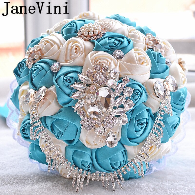 JaneVini Flores Boda Royal Blue Wedding Bridal Bouquet Luxury Crystal Beaded Bride Flower Bouquet Sposa Rhinestones Satin Brooch