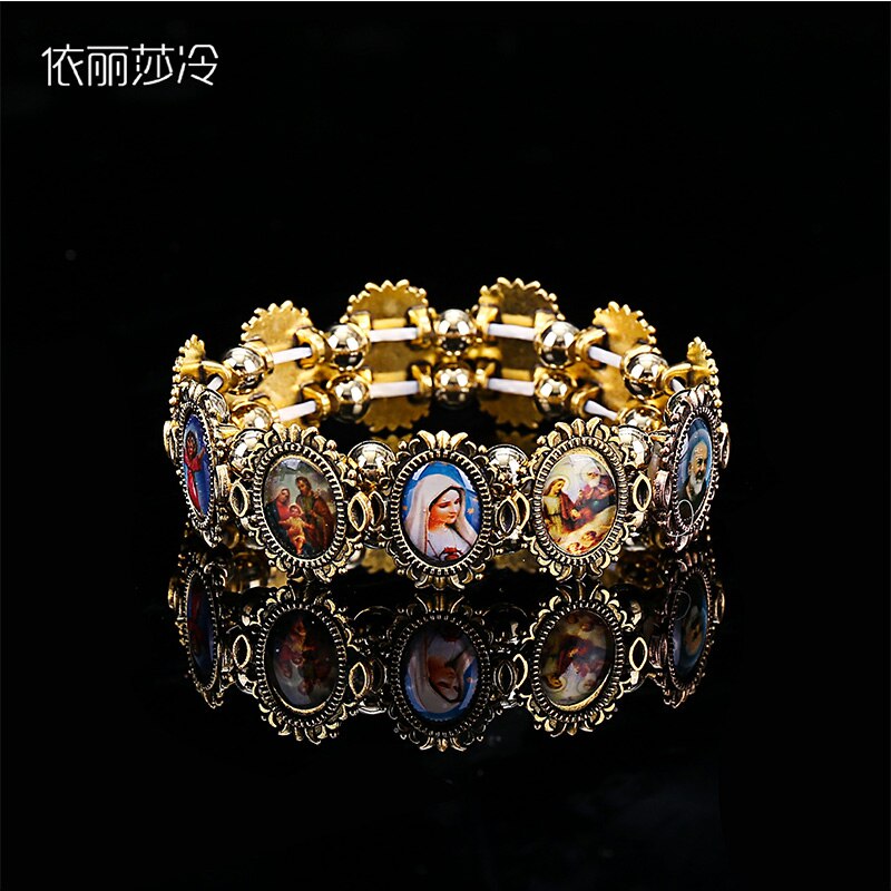 Icon Catholic Rose Rosary bracelet, Jesus Holy Angel Mary Religious jewelry alloy elastic bracelet