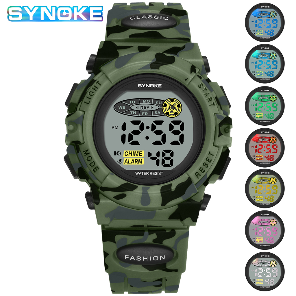 SYNOKE-reloj deportivo para niños, reloj electrónico colorido, reloj de 50m, reloj digital para niños, Camuflaje: Verde