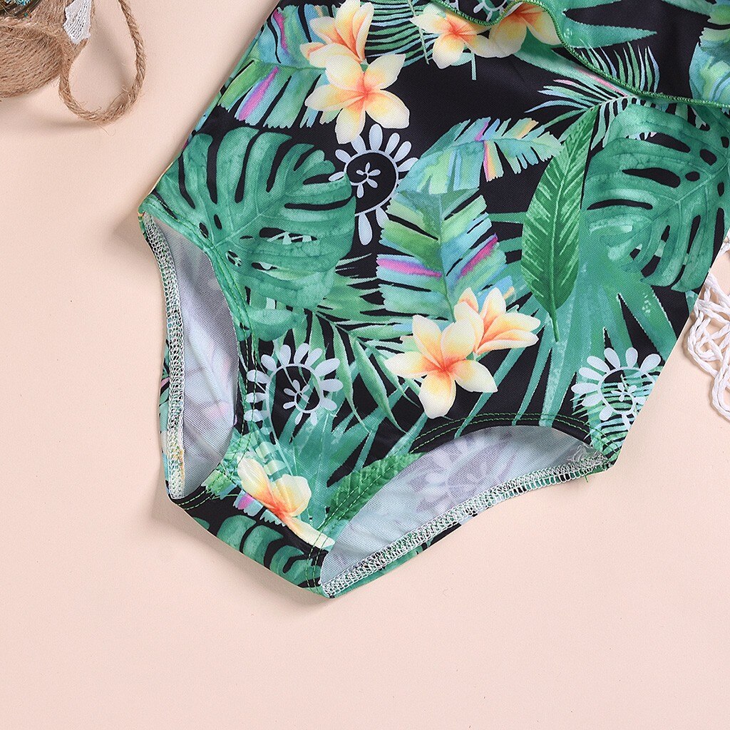Sommar barn baby badkläder volang hängsel blomma tryckt bikini baddräkt för små barn pojkar flickor söt baddräkt