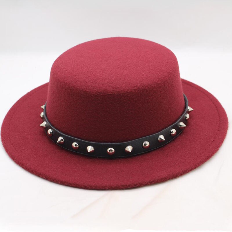 SUOGRY Velejador Flat Top Hat Para Mulheres dos homens de Inverno Auturmn Sentiu Aba Larga Bowler Chapéu Fedora Cavalheiro Prok Torta chapéu de jogador: Red wine