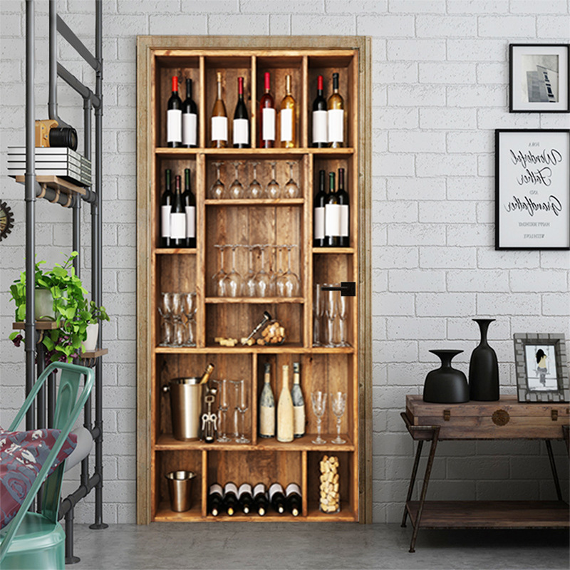 Retro Wine Rack Door Sticker Self Adhesive Vinyl Wardrobe Sticker Kitchen Fridge Decoration Decal Home Decor Mural Wall Poster