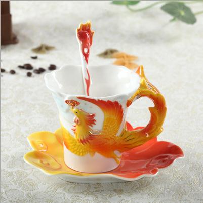 Enamel Porcelain Dragon Phoenix Coffee Cup Dragon Mug Tableware Set: phoenix 1