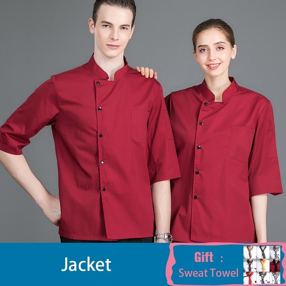 Kokkejakke sju-kvarts erme kokk servitør uniform sommer kjøkken restaurant catering hotell kafé arbeidsskjorte gratis skjerf: Rød / Xxl