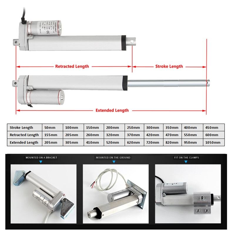 12V Electric Motor DC Linear Actuator 50 100 200 300 400 500mm 200N Window Opener 20mm/s For lectric Self Unicycle Scooter