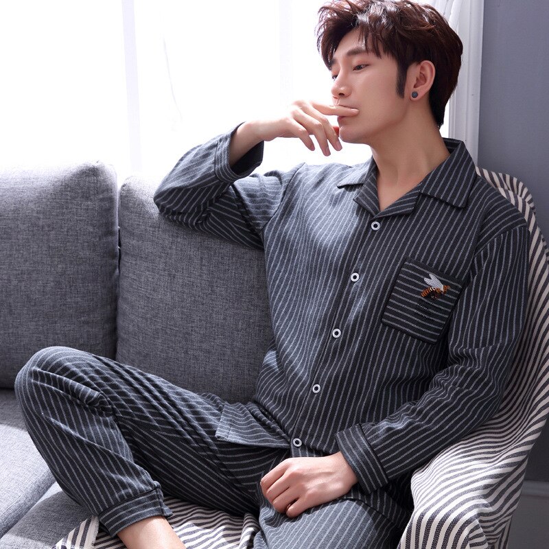 Autumn Men Pajamas 100% Cotton 2 Pieces Sleepwear Pijama Man's Warm Bedgown Home Clothes PJ Black Pure Cotton Pajamas