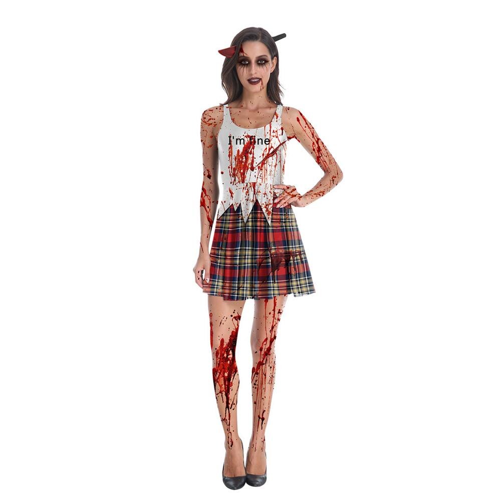 Halloween kostumer til kvinder, toppe med blodfarvet print + kort nederdel vintage kjole fest terror beklædning disfraz halloween  s26: L