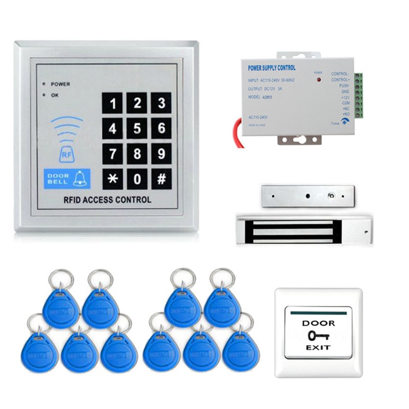 RFID Deur Toegangscontrole Systeem Kit Set + 180 KG Elektrische Magnetische Lock + 10 stks Rfid Key tags sleutelaanhangers + Power + Exit knop