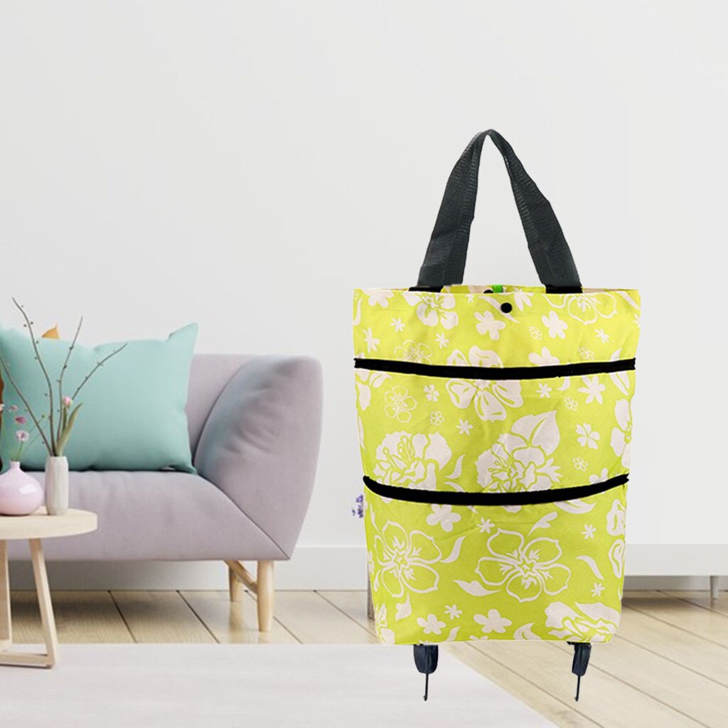 Light Weight Shopping Cart Storage with Wheels Printed Tidy Food Organizer Vegetables Bag Grocery Carts: Green Flower