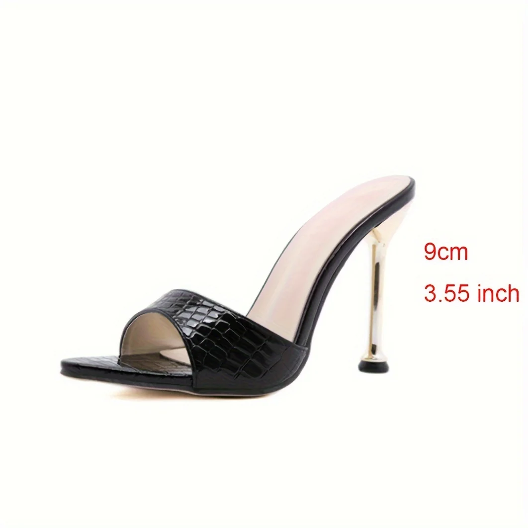 Glamorösa högklackade sandaler med krokodilstruktur - eleganta slip-on stilettklackar med spetsig peep toe för fester och banketter