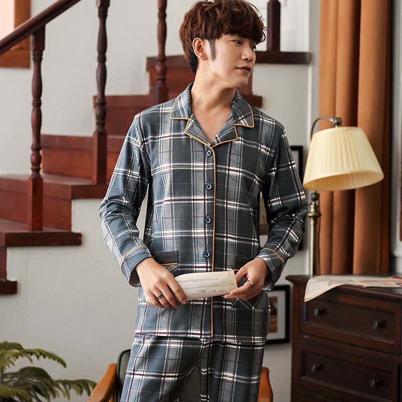 Herre pyjamas strikket bomuld efterårspyjamas herre langærmede bukser pyjamas cardigan herre hjemmeservice: L