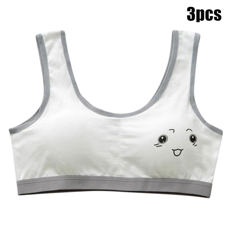 3pcs Cute Cartoon Girl Bra Soft Cotton Teenage Casual Training Bra for Students Teenager BM88: Gray