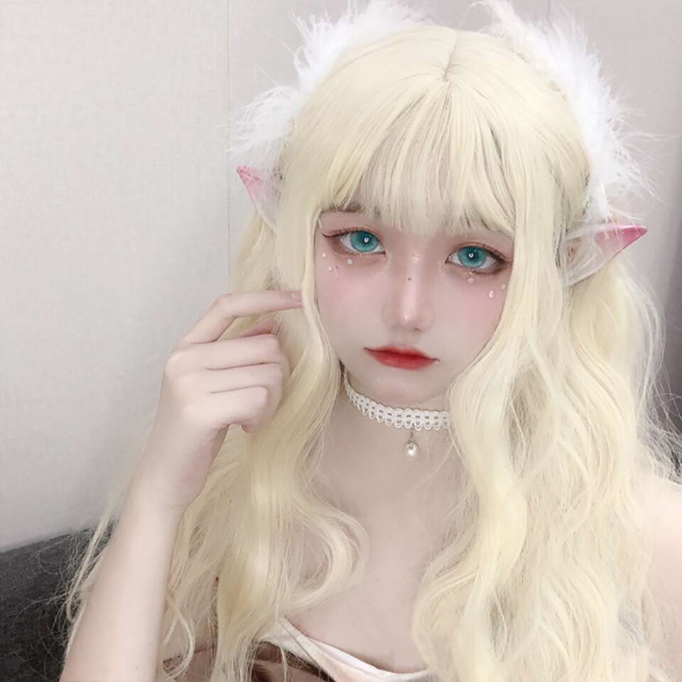 MEIFAN Long Curly Lolita Wigs with Bangs Blonde Harajuku Cosplay Wig Heat Resistant Synthetic Costume Daily Hair Party: Default Title