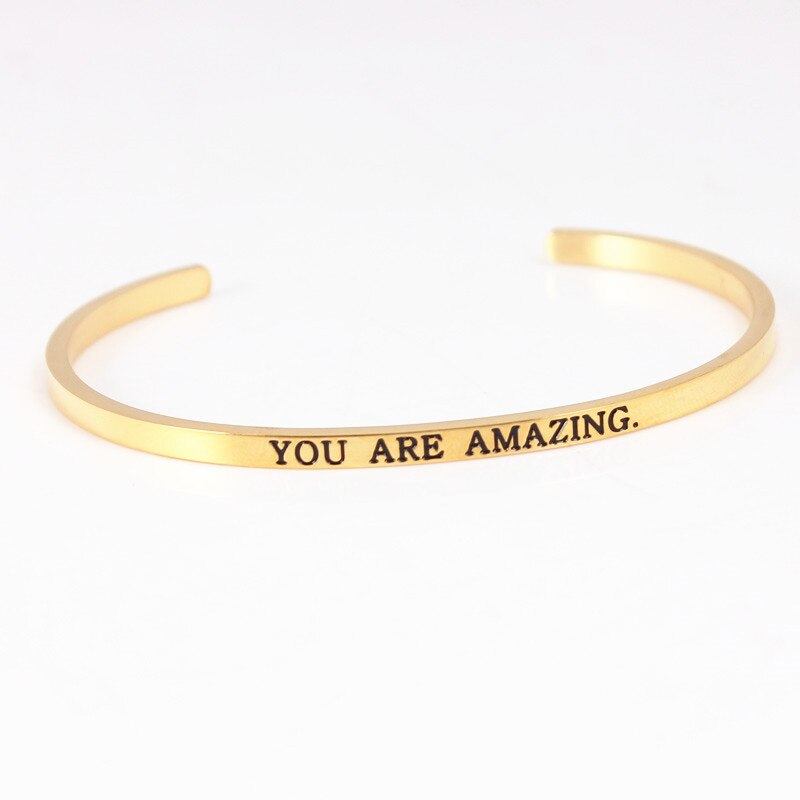 Trend Quotes Mantra Bracelets 316L Stainless Steel Open Cuff Bangle Women Gold Inspirational Jewelry Bracelets: YOU ARE AMAZING