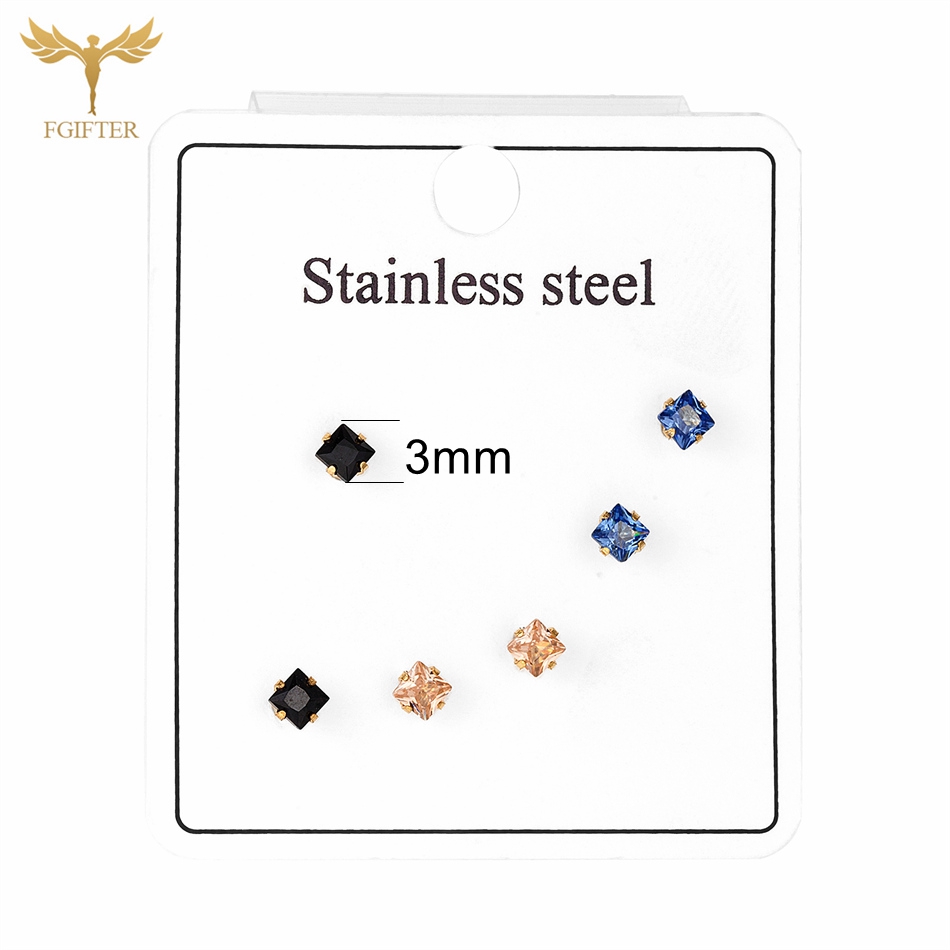 Juego de 3 pares de pendientes de cristal de acero inoxidable para mujer, aretes geométricos de circonita cúbica, joyería para Piercing de lóbulo de Color dorado y plateado: Color amarillo claro